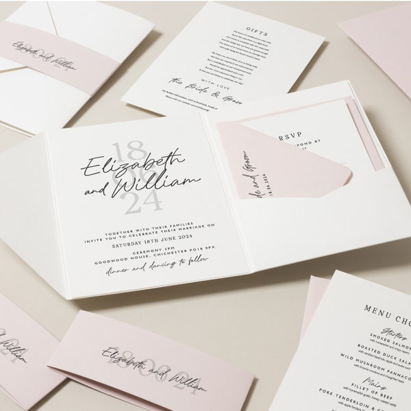 Calligraphy Pocketfold Wedding Invite Set, Simple Invitation With RSVP & Guest Info Card, Modern Pocketfold Invite Suite, 'Elizabeth' SAMPLE