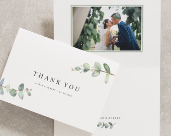 Greenery Wedding Thank You Card with Photo, Eucalyptus Thank You Card Set, Pack of Wedding Thank You Cards, Botanical Foliage Green 'Aisyah'