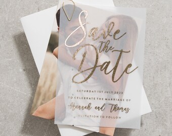 Custom Foil Save The Dates, Foil Vellum Save The Date Invites, Simple Save The Dates With Real Foil, Save The Date Evening Or Day 'Hannah'