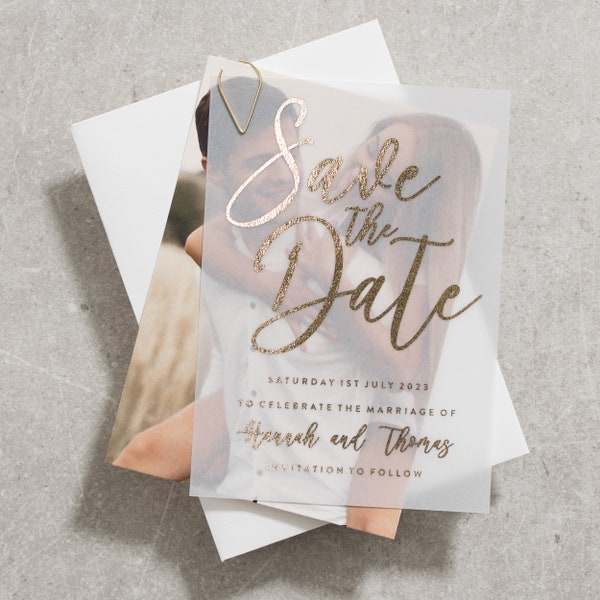 Custom Foil Save The Dates, Foil Vellum Save The Date Invites, Simple Save The Dates With Real Foil, Save The Date Evening Or Day 'Hannah'
