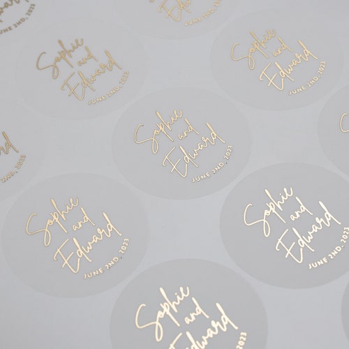 Personalised Gold Foil 35mm Clear Round Wedding Invites/Favours Stickers WC3 