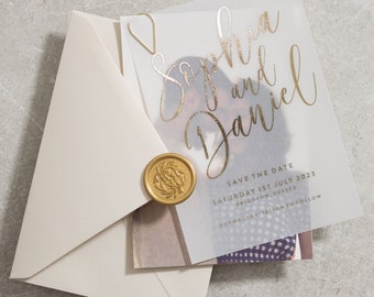 Vellum Overlay Save The Date Invite, With Photo, Modern Save The Date Tag, Foiled Vellum In Gold, Silver Or Rose Gold, Translucent 'Sophia'