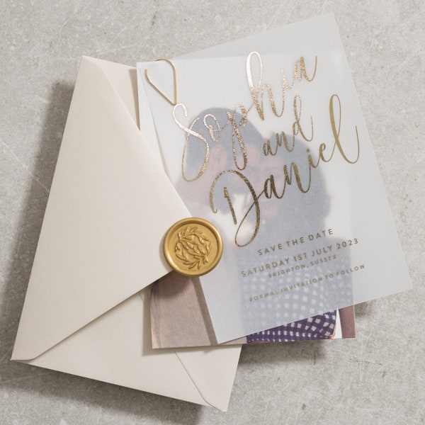 Vellum Overlay Save The Date Invite, With Photo, Modern Save The Date Tag, Foiled Vellum In Gold, Silver Or Rose Gold, Translucent 'Sophia'