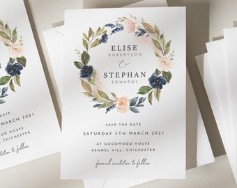 Floral Wedding Save The Date Cards, Blush And Navy Save The Dates, Pink And Navy Wedding Stationery, Minimalist Wedding Announcement 'Elise'