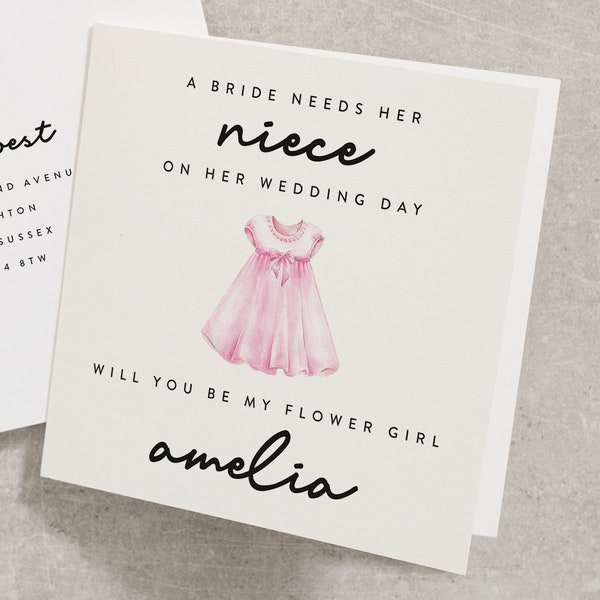 Cute Will You Be My Flower Girl Card, Personalised With Any Name, Wedding Card, For Her, For Niece, Flower Girl, Illustrated, Pink WY034