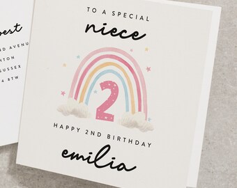 Rainbow 2nd Birthday, To A Special Niece, Personalised Happy 2nd Birthday Card For Niece, Any Name, Cute Birthday Card, Watercolour BC909