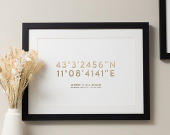 Custom Latitude Coordinates Print For Couples, Wife, Husband, Gold Foil Location Print, Framed Anniversary Wedding Gift, New Home Print