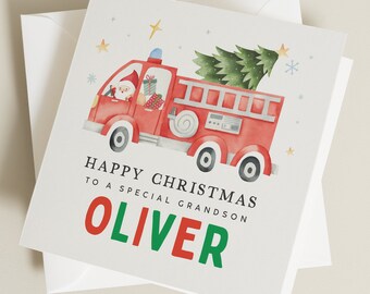 Fire Truck Christmas Card for Grandson, Grandson Christmas Card, Xmas Card Grandson, Custom Xmas Grandson, Special Grandson Christmas Card