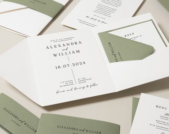 Sage Green Modern Pocketfold Wedding Invitation Set, Elegant Pocketfold Invite Set With Bellyband RSVP & Guest Info Card, 'Alexandra' SAMPLE