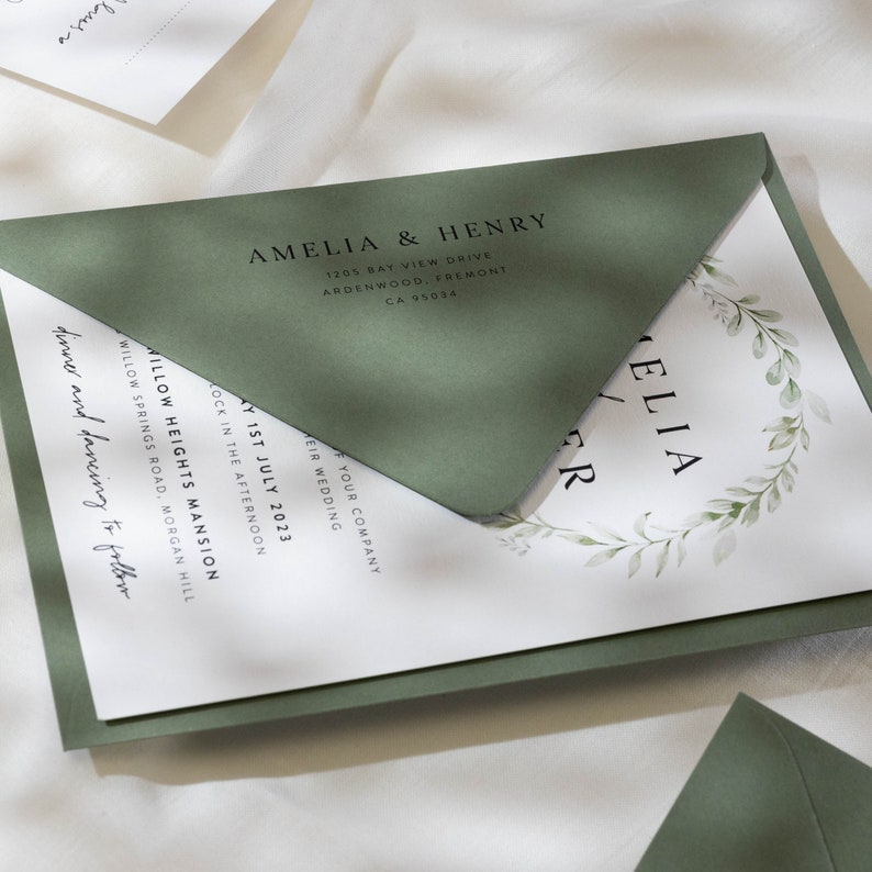 Floral Greenery Wedding Invitation Set, Eucalyptus Wedding Invites with Envelopes, Green Leaf Wedding Invitation Bundle 'Amelia' SAMPLE image 4