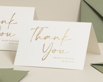 Gold Foil Wedding Thank You Card, Script Font Wedding Thank You Cards With Choice Of Envelopes, Blank Foiled Thank You Card 'Kelsey'