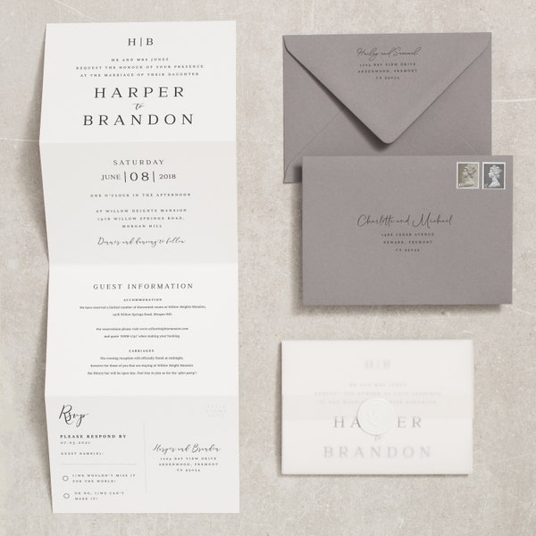 Elegant Grey Monogram Wedding Invitation With Vellum and Wax Seal, Classic Concertina Wedding Invites With Smoke Envelopes 'Harper' SAMPLE