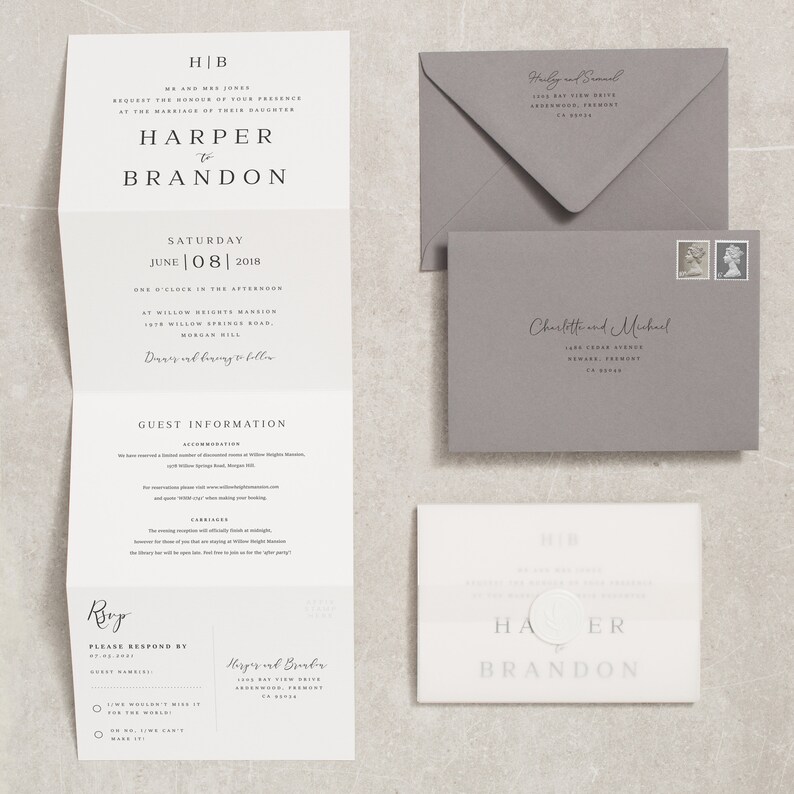 Elegant Grey Monogram Wedding Invitation With Vellum and Wax Seal, Classic Concertina Wedding Invites With Smoke Envelopes 'Harper' SAMPLE image 1