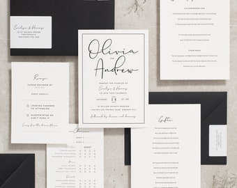 Suite d'invitations de mariage de calligraphie, faire-part de mariage noir et blanc, invitation de mariage simple classique 'Olivia' SAMPLE