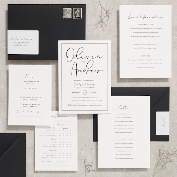 Wedding Stationery Printed Calligraphy Wedding Invite Invitation Black /& White Simple Wedding Invitation Printed