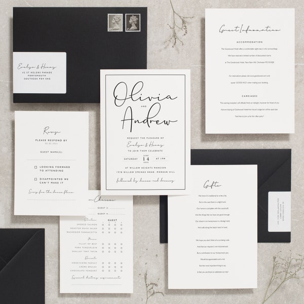 Calligraphy Wedding Invitations Suite, Black and White Wedding Invitation, Classic Simple Wedding Invite 'Olivia' SAMPLE