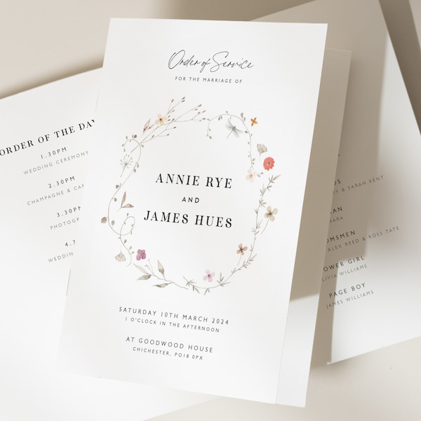 Elegant Wreath Wedding Ceremony Program, Autumnal Wedding Order Of Service, Modern Booklet, Minimalistic Wedding Ceremony Booklets 'Annie'