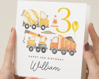 Personalised 3rd Birthday Card For Son, Digger Birthday Card, Construction Birthday Card For Boy, For Grandson, 3 Year Old Boy Gift