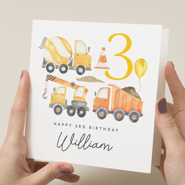 Personalised 3rd Birthday Card For Son, Digger Birthday Card, Construction Birthday Card For Boy, For Grandson, 3 Year Old Boy Gift