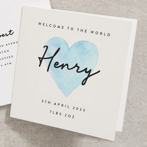 Personalised Baby Boy Card, New Baby Boy Card, Blue Heart Baby Congratulations Card, Welcome to the World, New Born Baby Card NB027