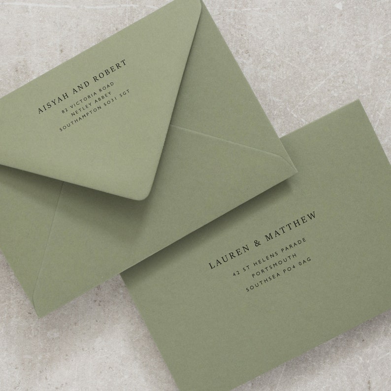 Olive Green Envelopes C6, 5x7 or C5 Printed Envelopes, Mid Green Invitation or RSVP Envelopes Colorplan, Printing Guest Addressing image 3