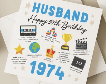 50th Birthday Card For Husband, Fact Birthday Card For Husband, Gift For Him, Milestone Birthday Card, Gift For Husband, Born In 1974