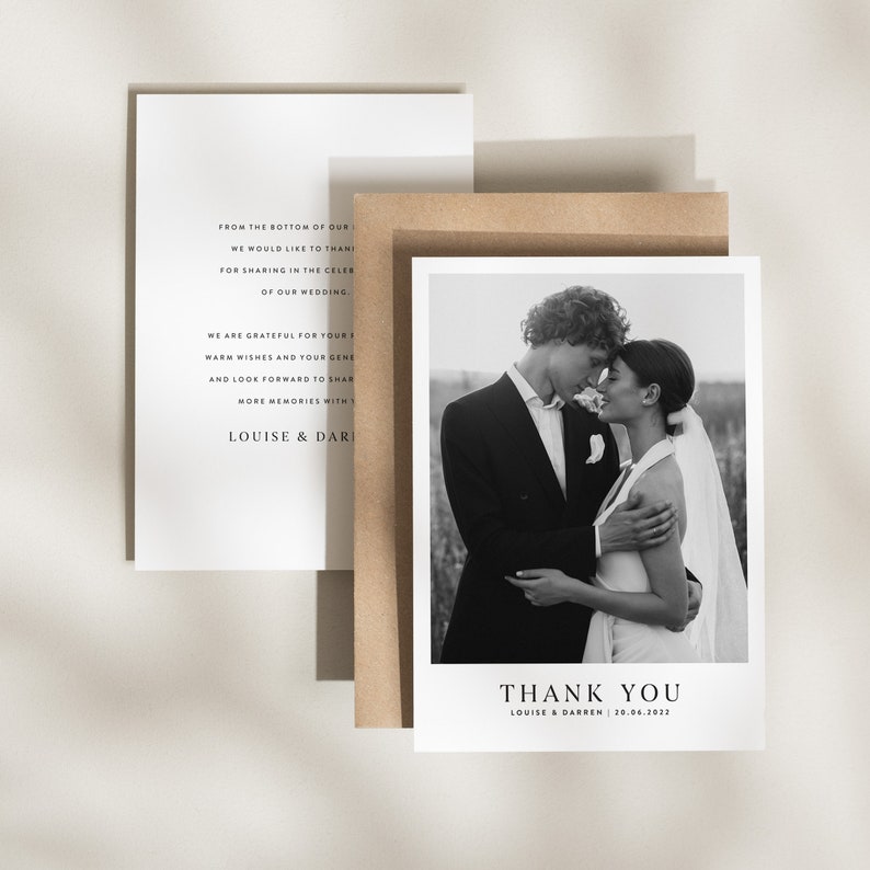 Bruiloft dank u kaarten, dank u kaarten bruiloft, bruiloft dank u, dank u trouwkaart, dank u kaart, eenvoudige trouwkaart met foto afbeelding 2