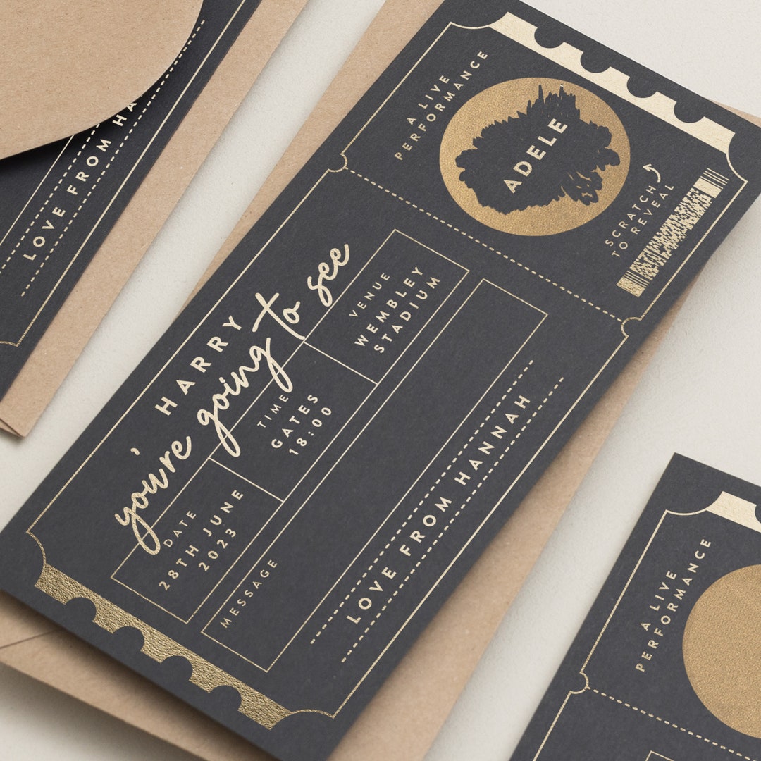 Personalised Gold Foil Scratch Gift Voucher, Gig Ticket Gold Foil Gift