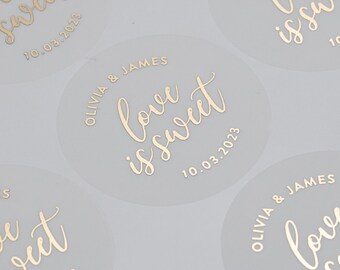 Sweet Bag Wedding, Cute Foil Wedding Favour Stickers, Gold, Silver or Rose Gold, Custom Stickers Any Name, Love Is Sweet Labels, 51mm ST021