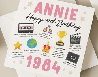 Personalised 40th Birthday Card, Fact Birthday Card For Her, 40th Birthday Gift, Milestone Birthday Card, Gift For Friend, Born In 1984