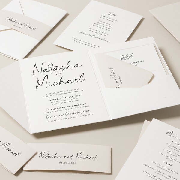 Ensemble d'invitations de mariage Pocketfold minimal avec Bellyband, Invitations Pocketfold modernes, Suite d'invitation de mariage blanc, ÉCHANTILLON « Natasha »