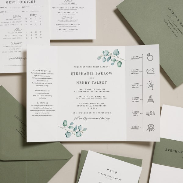 Sage Green Wedding Invitation Suite, Simple Folded Green Botanical Wedding Invitation Suite, Gatefold Wedding Invites 'Stephanie' SAMPLE