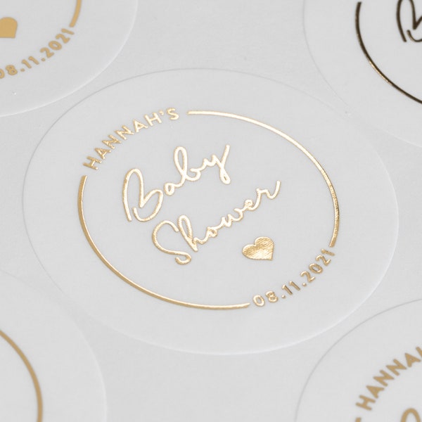 Personalised Baby shower Stickers, Foiled Baby Stickers For Decoration and Favours in Silver, Gold, Rose Gold, Custom Stickers 51mm (ST165)