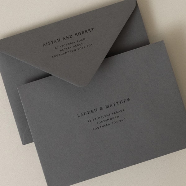 Printed Dark Grey Envelopes C6 (114x162mm) or 5x7 (135x189mm), Charcoal Invitation or RSVP Envelopes Colorplan, Printing Guest Addressing