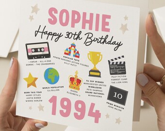 Personalised 30th Birthday Card, Fact Birthday Card For Her, 30th Birthday Gift, Milestone Birthday Card, Gift For Friend, Born In 1994