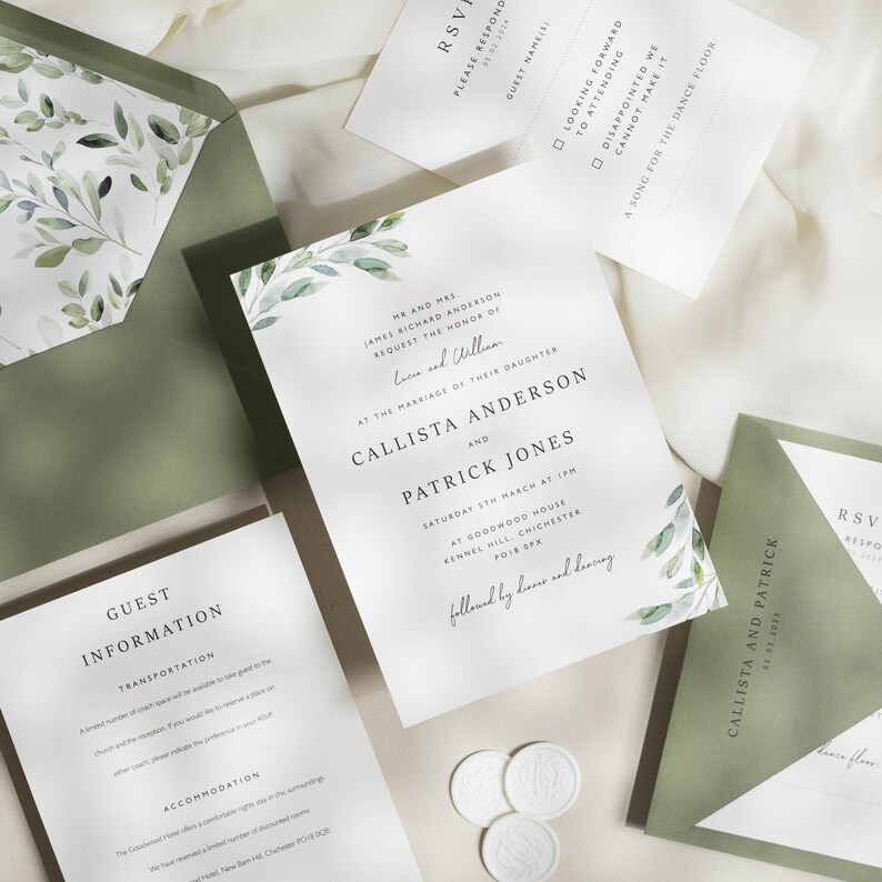 Set di inviti di nozze nel verde, suite di inviti di nozze di eucalipto, con buste verde salvia, campione di nozze botaniche 'Callista' immagine 2