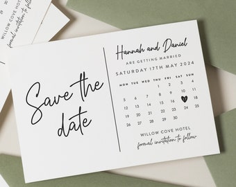 Calendar Save The Date Cards, Modern Wedding Save The Date Postcard With Envelopes, Personalised Save Our Date Wedding Calendar Card