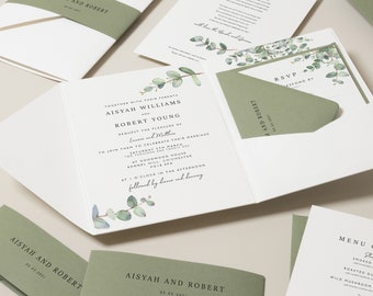 Botanical Wedding Invitation, Greenery Floral Wedding Invite, Green Sage Eucalyptus Wedding Invite, Green Wedding Invitation 'Aisyah' SAMPLE