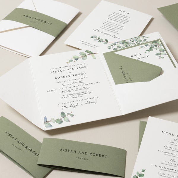 Faire-part de mariage botanique, Invitation de mariage floral de verdure, Invitation de mariage d'eucalyptus de sauge verte, Faire-part de mariage vert « Aisyah » ÉCHANTILLON