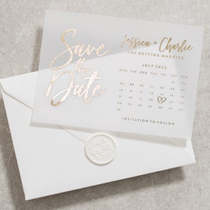 Gold Foil Calendar Save The Date Invite, Personalised, Silver Foil, Gold Foil, Rose Gold Foil, Envelope With Wax Seal, Vellum 'Jessica'