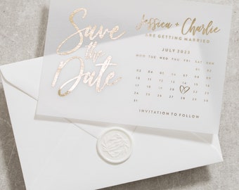 Gold Foil Calendar Save The Date Invite, Personalised, Silver Foil, Gold Foil, Rose Gold Foil, Envelope With Wax Seal, Vellum 'Jessica'