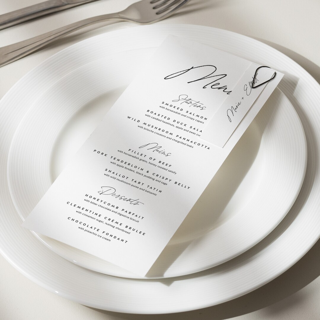 Modern wedding menu and guest name card simple personalised menu with