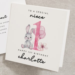 To A Special Niece, Happy 1st Birthday, Personalised Niece First Birthday Card, Bunny, Pink, Watercolour 1st Birthday Card For Baby BC864