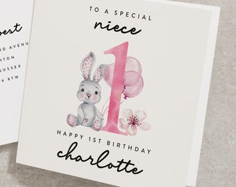 To A Special Niece, Happy 1st Birthday, Personalised Niece First Birthday Card, Bunny, Pink, Watercolour 1st Birthday Card For Baby BC864