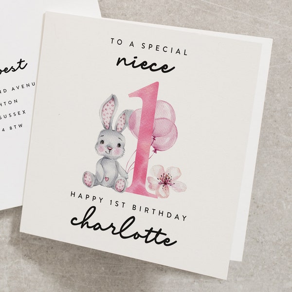 To A Special Niece, Happy 1st Birthday, Personalised Niece First Birthday Card, Bunny, Pink, Watercolour 1st Birthday Card For Baby BC864