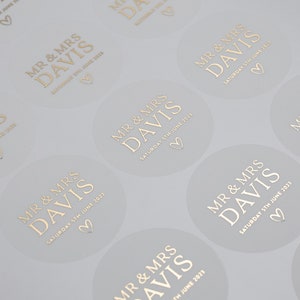 Custom Foiled Stickers, Personalised Wedding Envelope Stickers With Real Foil, Gold, Silver, Rose Gold, Clear or Frosted, 37mm ST029