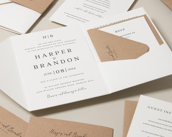 Simple Wedding Invitation Set with Kraft, Modern White Wedding Invite, Calligraphy Invitation Suite with Info Card and RSVP  'Harper' SAMPLE