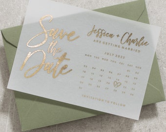 Calendar Save The Date, Vellum Save The Dates With Envelopes, Foil Wedding Save The Date Invites, Gold, Silver, Rose Gold Foil 'Jessica'