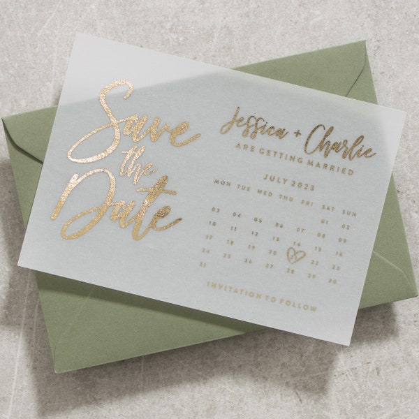 Calendar Save The Date, Vellum Save The Dates With Envelopes, Foil Wedding Save The Date Invites, Gold, Silver, Rose Gold Foil 'Jessica'