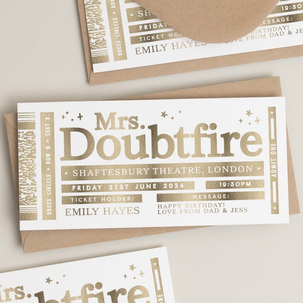 Mrs Doubtfire Musical Surprise Gift Ticket, Personalised Musical Theatre Ticket, Memorabilia, Surprise Ticket Keepsake, Broadway Ticket